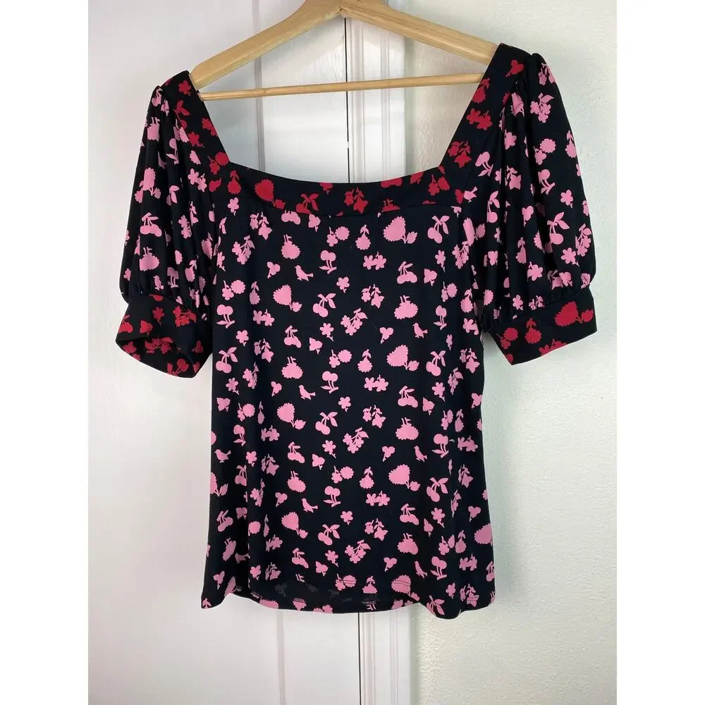 Boden Women's Size 8 Black Red Pink Puff Sleeve Square Neck Top *‎